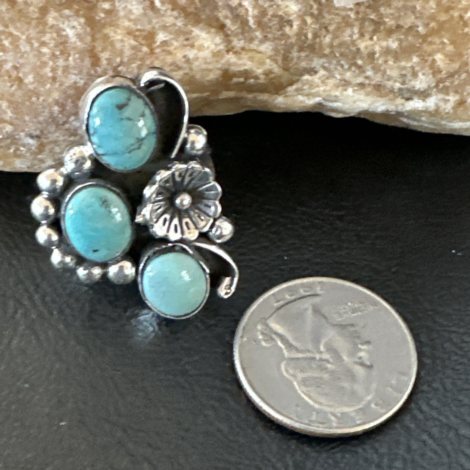 Yazzie Ring Blue Turquoise Navajo Sterling Silver Cluster Size 9 19217