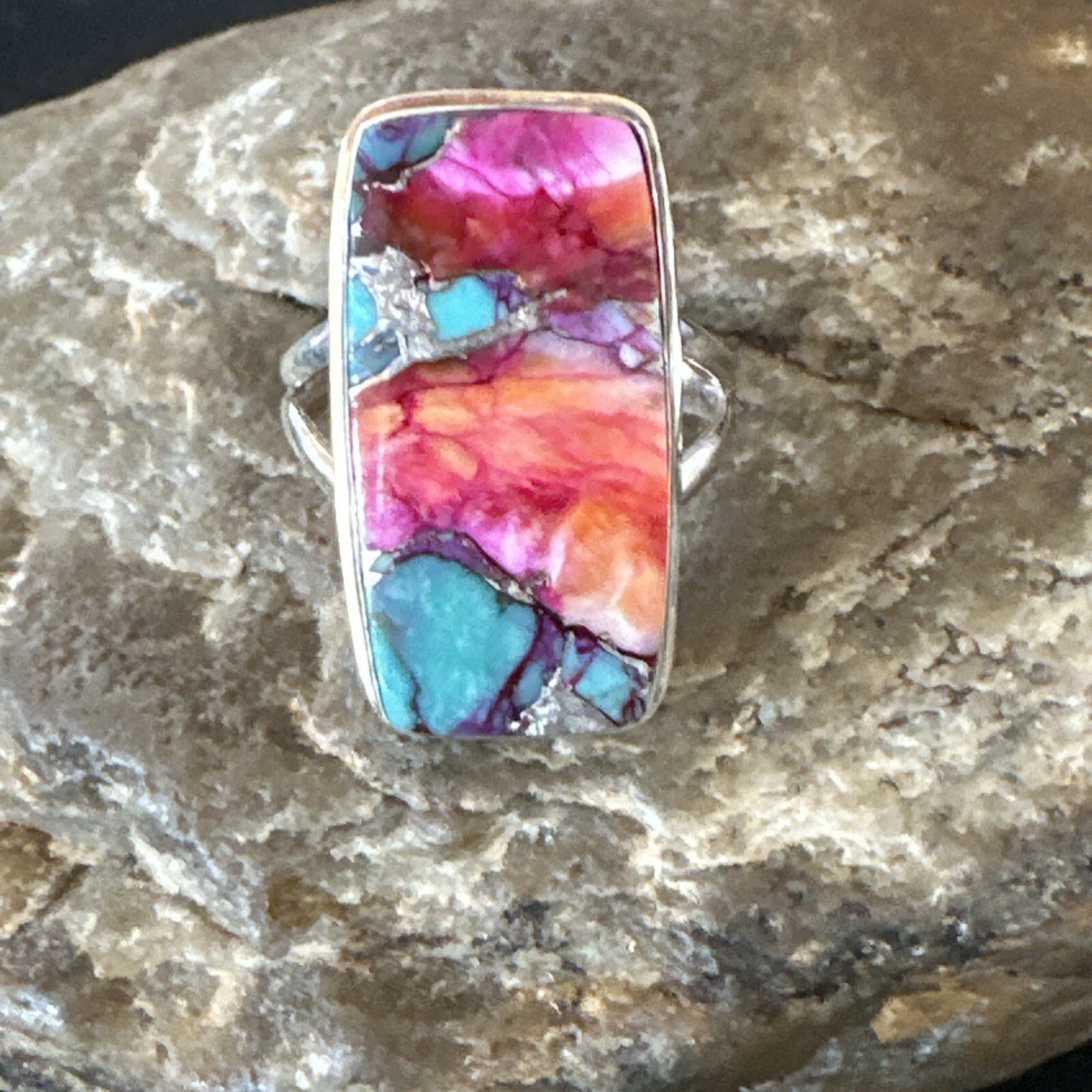Blue Turquoise Spiny Oyster Navajo Sterling Silver Ring Size 9 18222