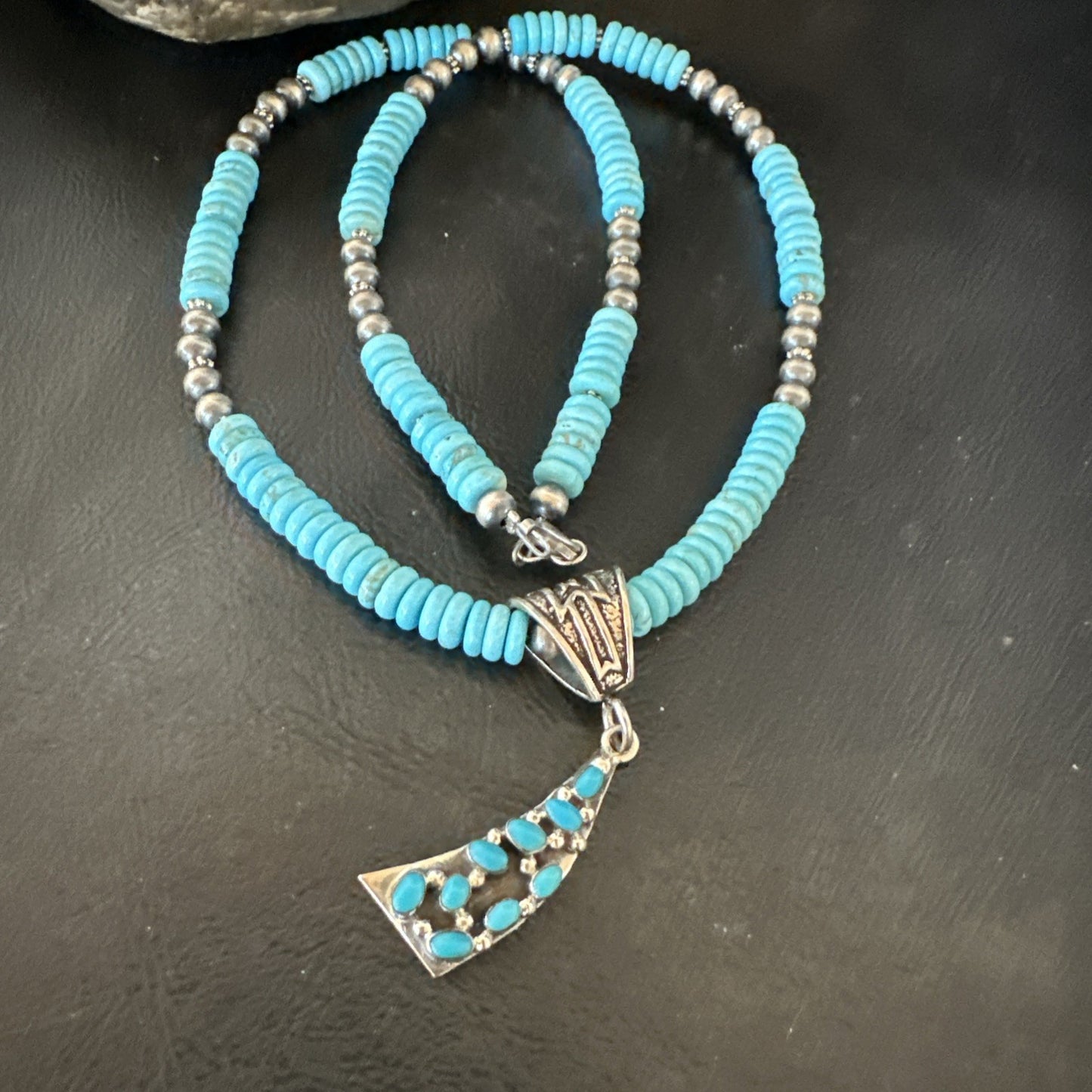 Blue Turquoise Cluster Pendant Navajo Sterling Silver Necklace 20" 19715