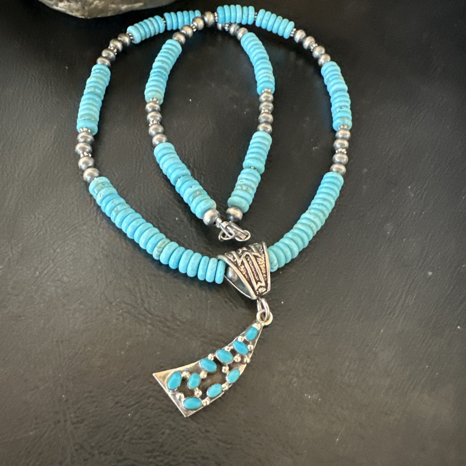 Blue Turquoise Cluster Pendant Navajo Sterling Silver Necklace 20" 19715