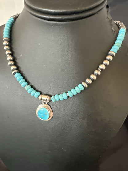 Mens Blue Kingman Turquoise Pendant Navajo Sterling Silver Necklace 21" 17901