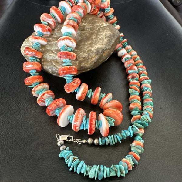 XL Red Spiny Oyster Blue Turquoise Navajo Necklace 35" | Sterling Silver | Authentic Native American Handmade | 18266