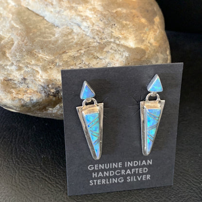 Native Womens Blue Opal Inlay Navajo Sterling Silver Dangle Earrings 12777