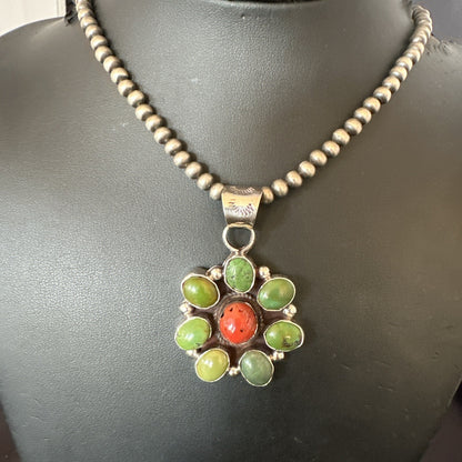 Navajo Sterling Cluster Red Turquoise Pendant Necklace 17711