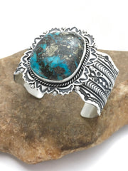 Bisbee Turquoise Navajo Cuff Bracelet | Sterling Silver | Authentic Native American Handmade | 01023