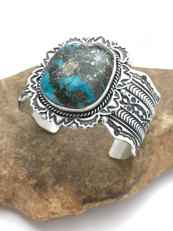 Bisbee Turquoise Navajo Cuff Bracelet | Sterling Silver | Authentic Native American Handmade | 01023