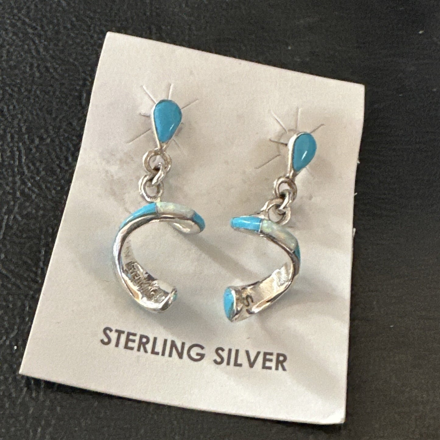 Blue Turquoise Opal Inlay Swirl Navajo Sterling Earrings 1.25" 18751