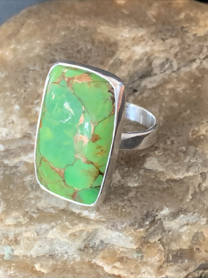 Green Mohave Turquoise Navajo Sterling Silver Ring Size 8.5 Adjustable 11793