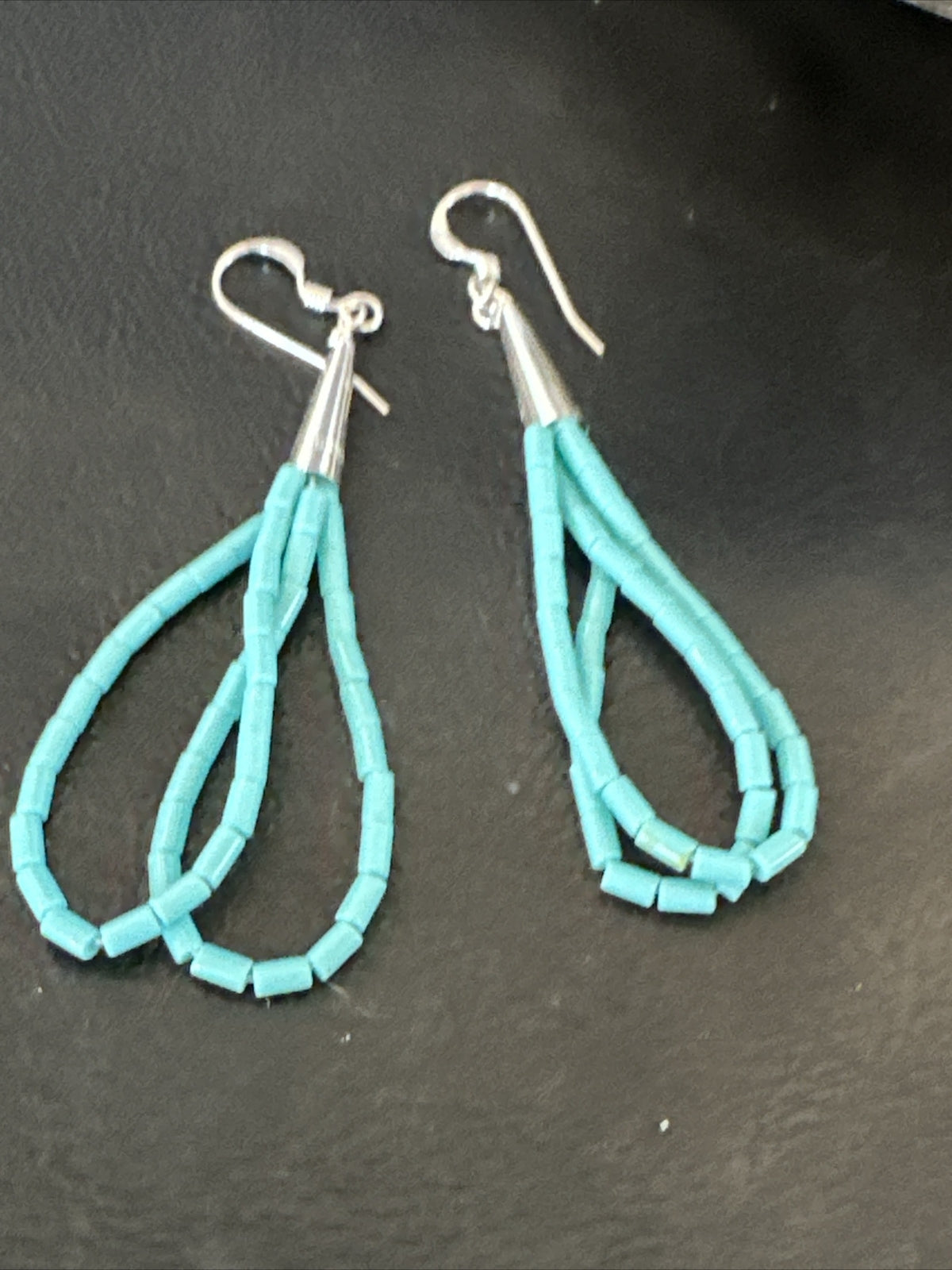 Heishi Dangle Blue Turquoise Sterling Earrings 2” 17955