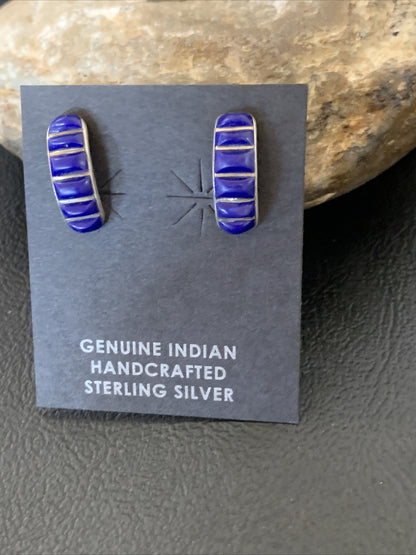 Blue Lapis Sterling Silver Multi-Stone Post Stud Inlay Earrings 0.5" 12708