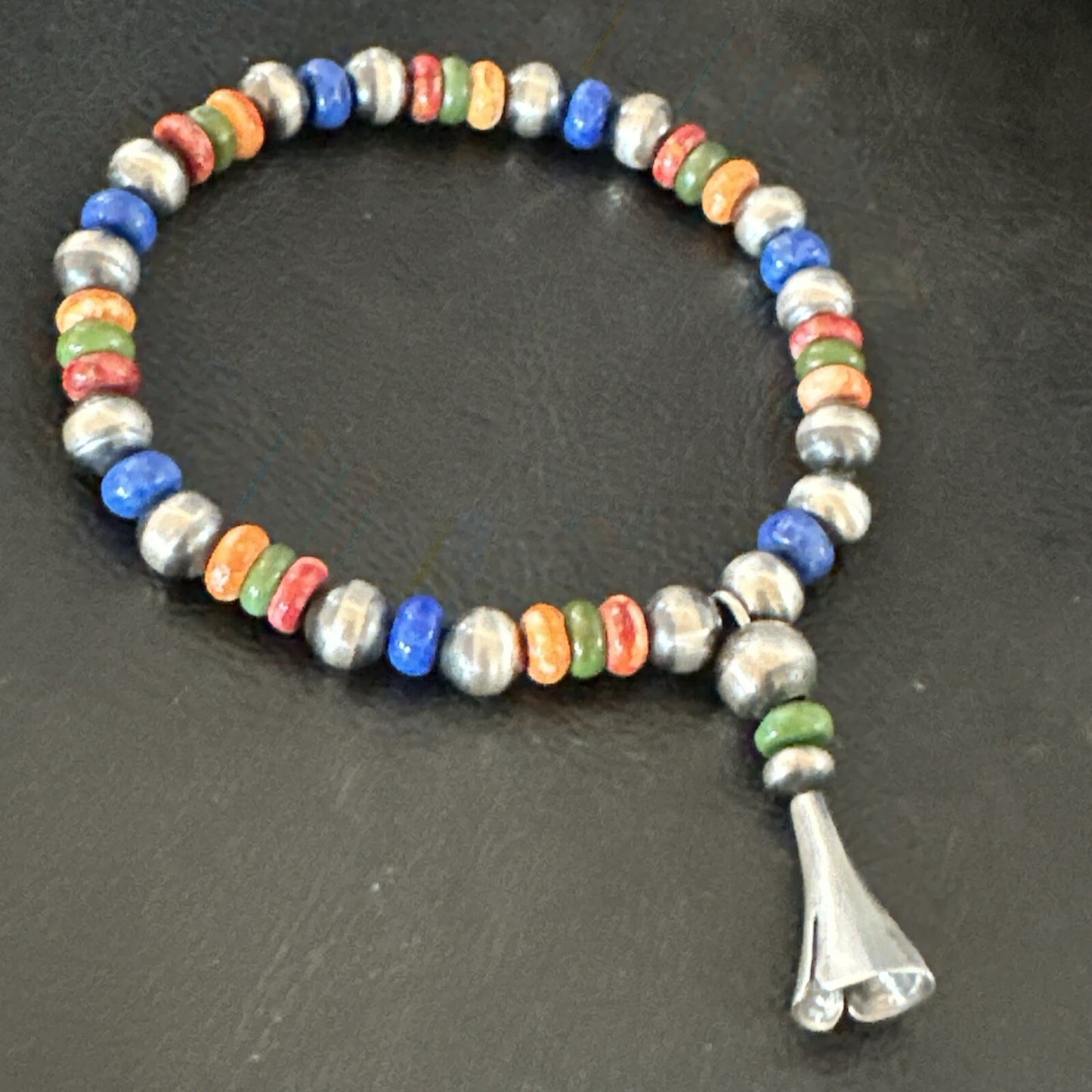 Multicolor Lapis Turquoise Stretch Bead Bracelet Navajo Sterling Silver 17908