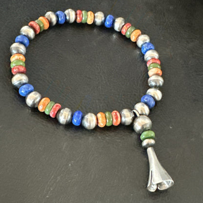 Multicolor Lapis Turquoise Stretch Bead Bracelet Navajo Sterling Silver 17908