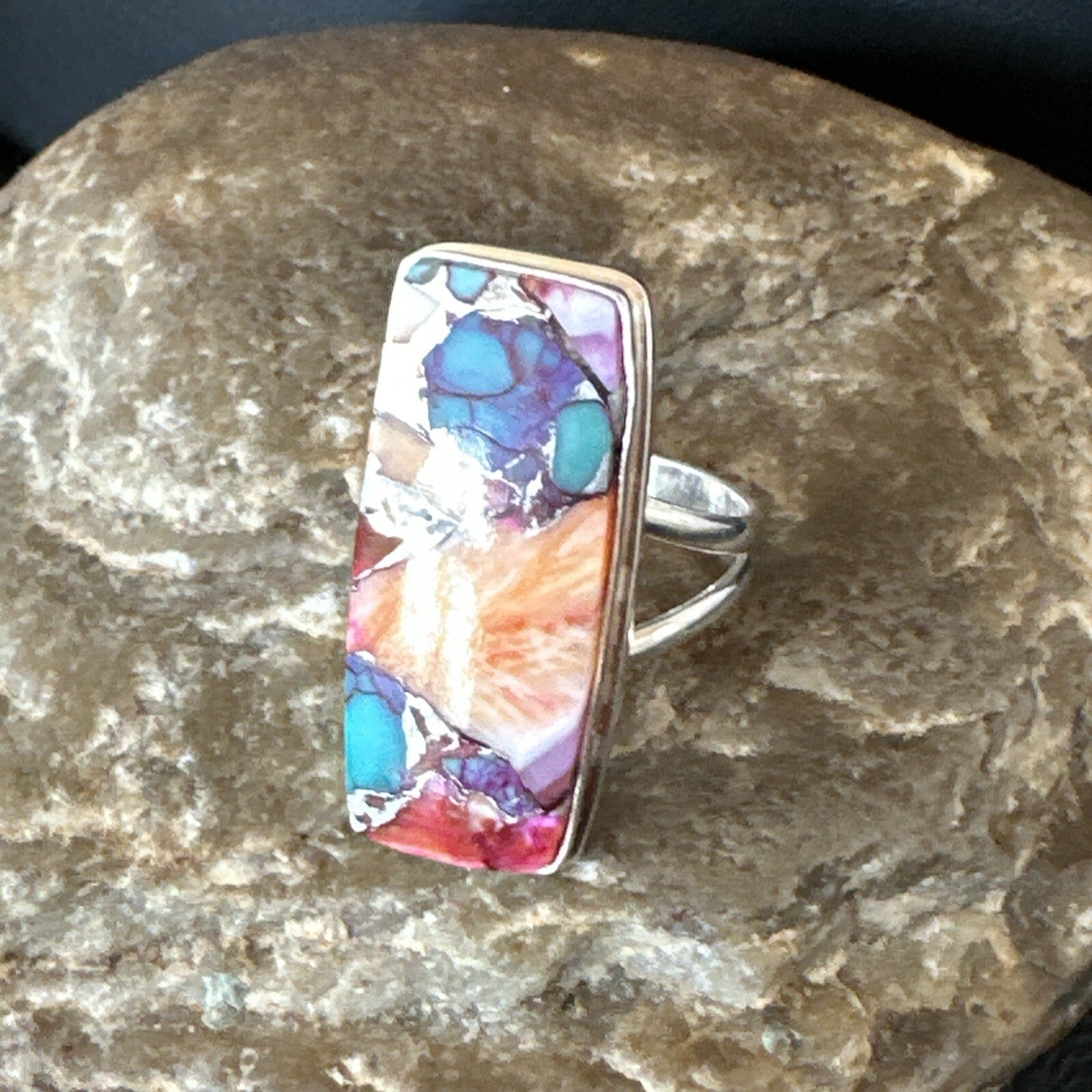 Blue Turquoise Orange Spiny Oyster Navajo Sterling Silver Ring Size 8 18219