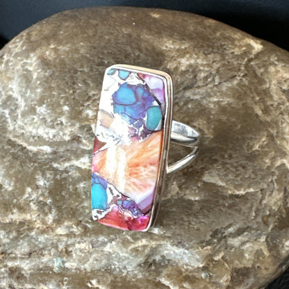 Blue Turquoise Orange Spiny Oyster Navajo Sterling Silver Ring Size 8 18219
