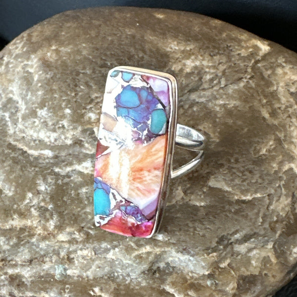Blue Turquoise Orange Spiny Oyster Navajo Ring Size 8 | Sterling Silver | Authentic Native American Handmade | 18219