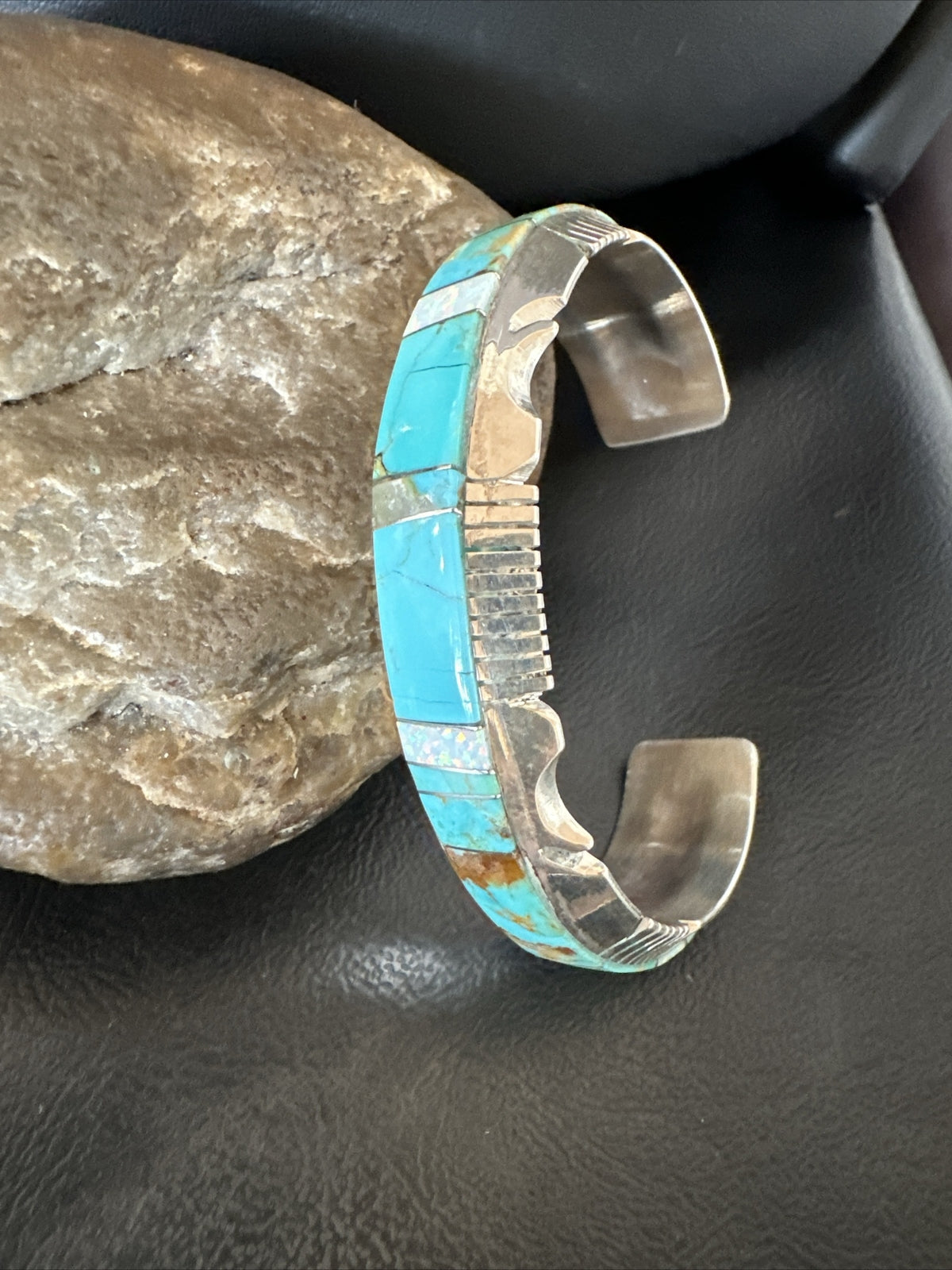 Blue Turquoise Opal Navajo Sterling Silver Cuff Inlay Bracelet 17957