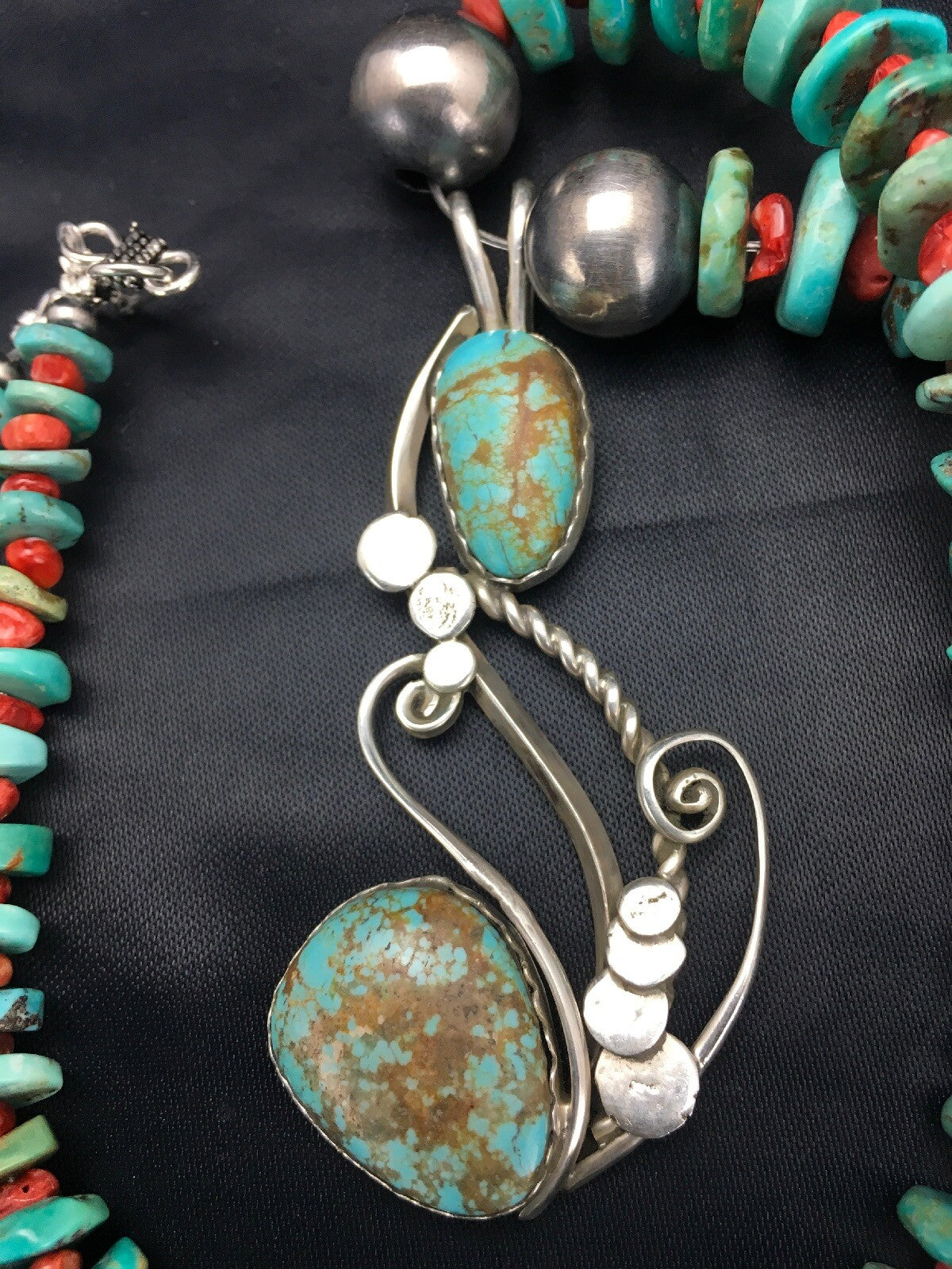 Turquoise #8 & Spiny Oyster Pendant Navajo Sterling Silver Necklace 22" 02635