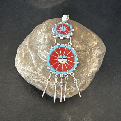 Sunface Zuni Inlay Turquoise Coral MOP Sterling Silver Pendant 3.5" 17771