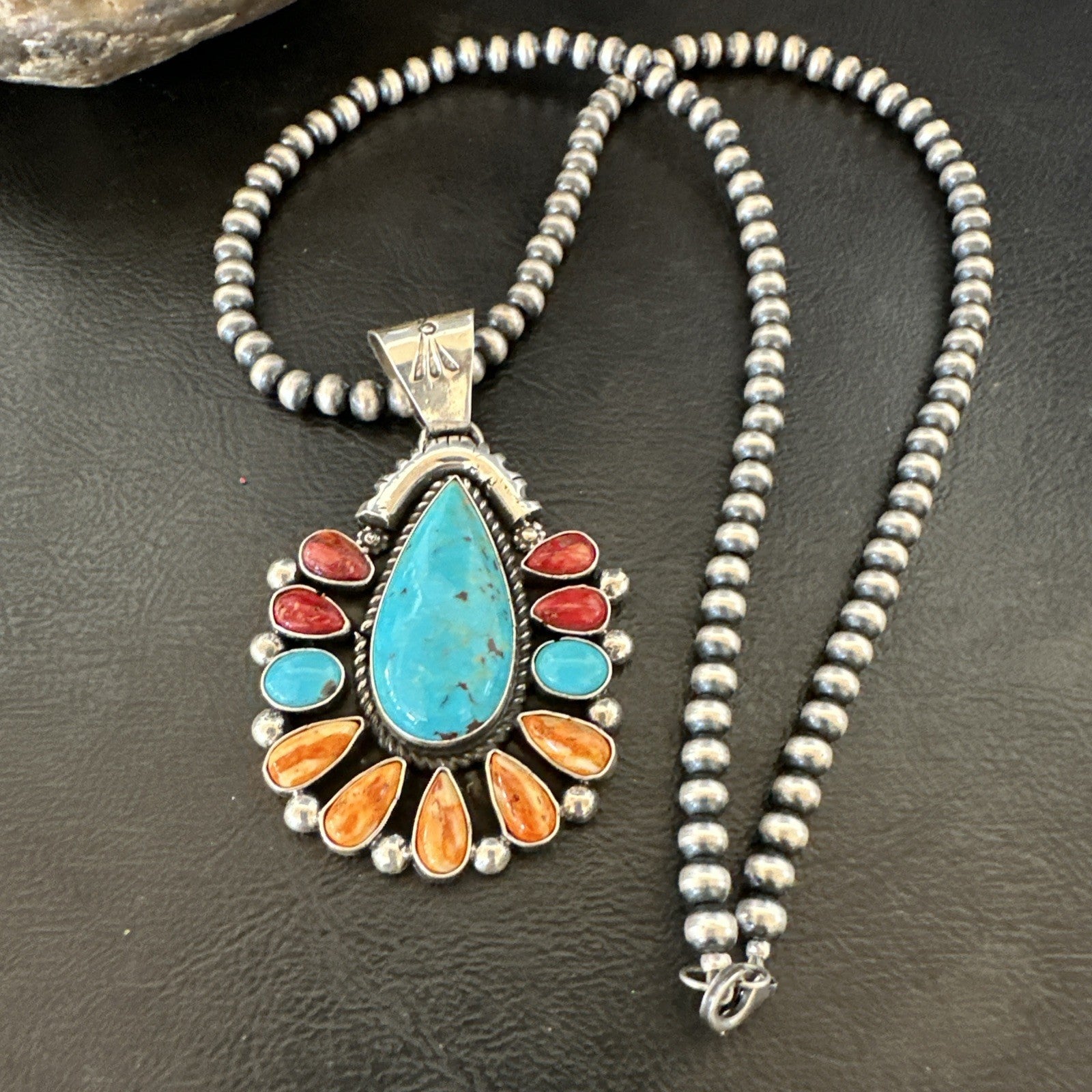 Multicolor Turquoise Spiny Navajo Sterling Silver Cluster Pendant Necklace 19561
