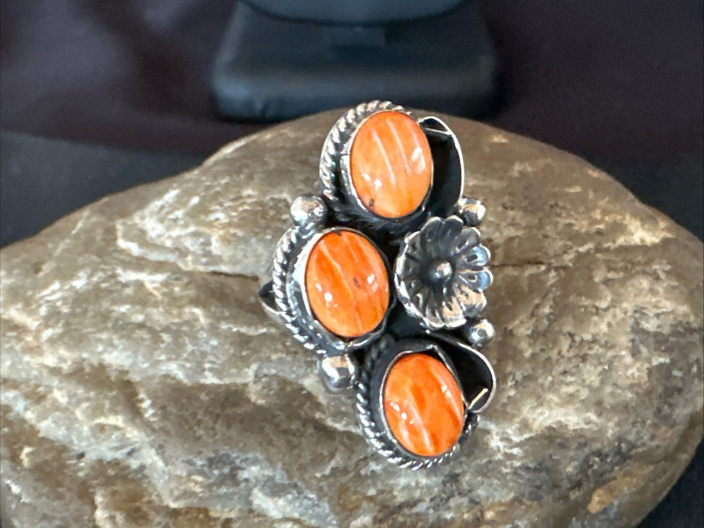 Orange Spiny Oyster Cluster Navajo Sterling Silver Ring Size 9.5 19184