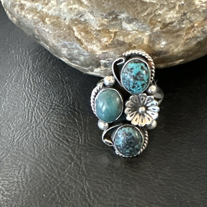 Yazzie Ring Blue Turquoise Navajo Sterling Silver Cluster Size 8.5 19238