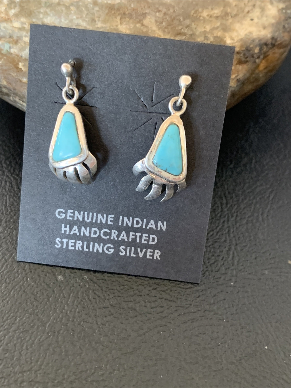 Turquoise BearPaw Inlay Navajo Sterling Silver Dangle Post Earrings 0.50" 12743
