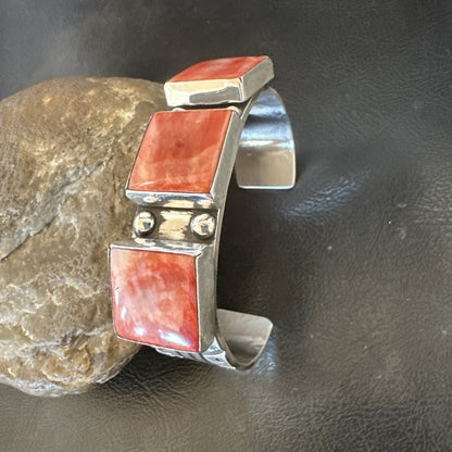 Red Spiny 3 Stone Sterling Silver Navajo Cuff Bracelet 7.7" 19487