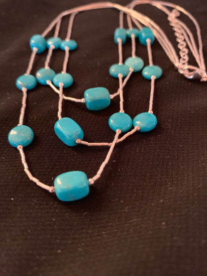 Liquid Silver Heishi 3S Sterling Silver Tube Necklace Nugget Turquoise 03695