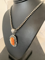 Navajo Pearls Orange Spiny Oyster Pendant Necklace | Sterling Silver | Authentic Native American Handmade | 00773