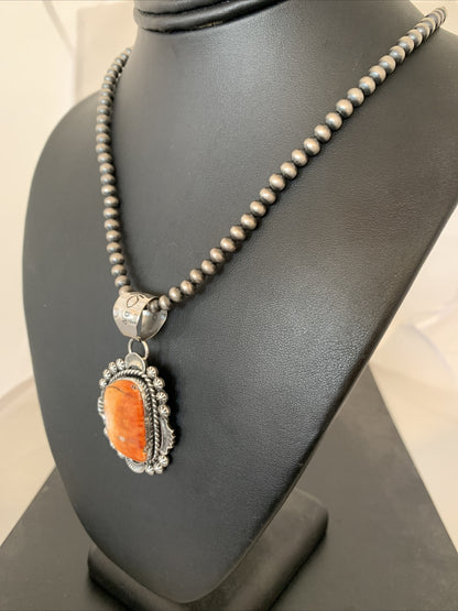 Sterling Silver Navajo Pearls Orange Spiny Oyster Pendant Necklace 00773