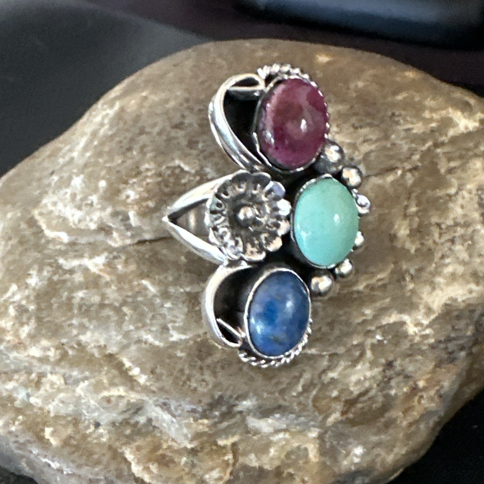 Multicolor Ring Turquoise Spiny Navajo Sterling Silver Cluster Size 8.5 19168