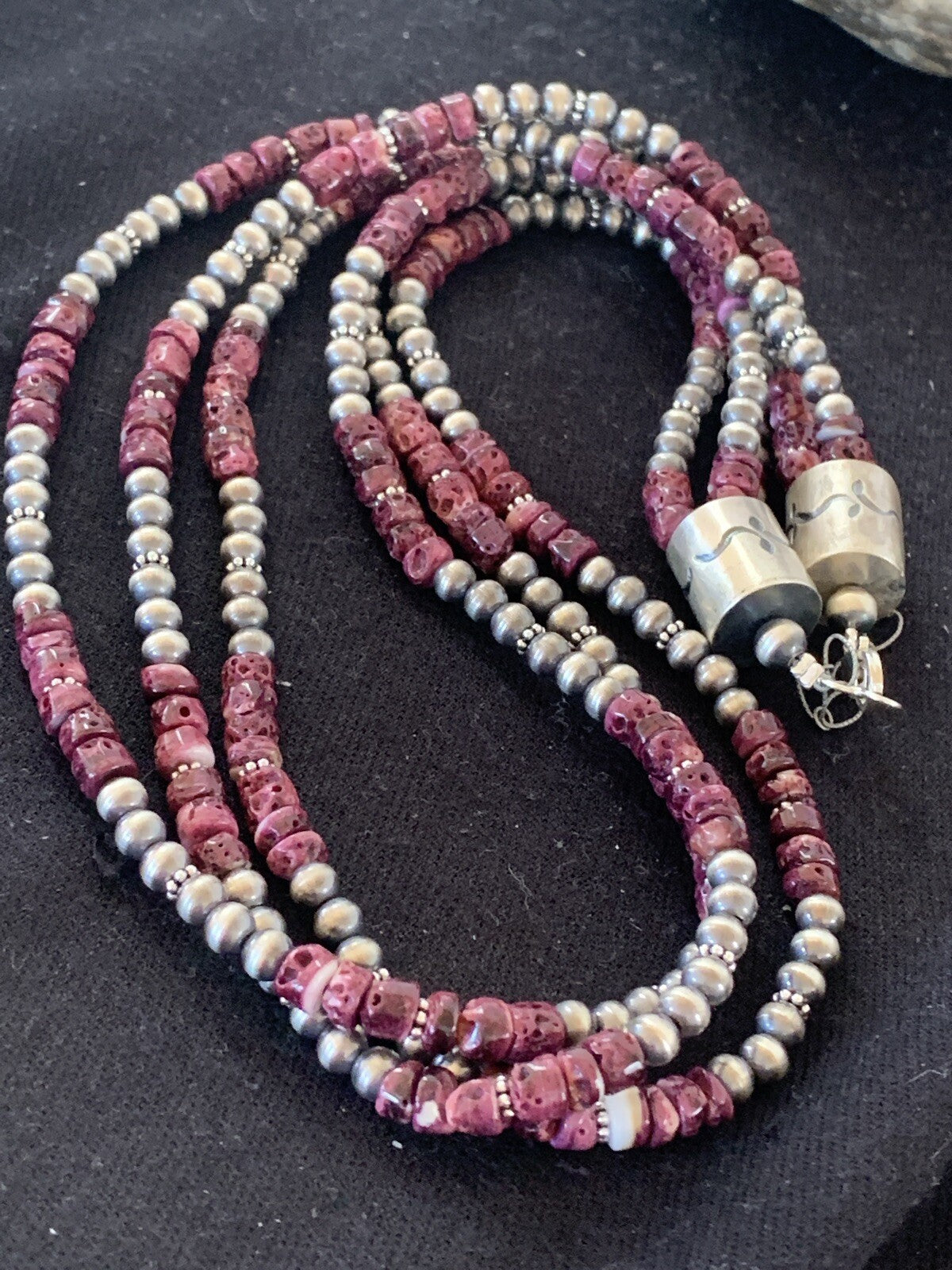 Native Navajo Sterling Silver 3 Strand Purple Spiny Oyster Necklace 22” 10115