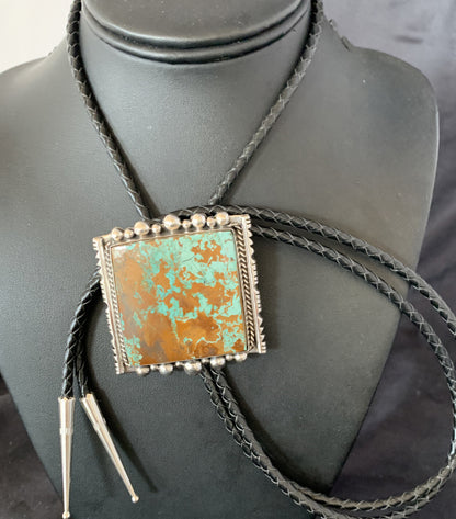Mens Green Royston Turquoise Navajo Sterling Silver Bolo Tie 18897