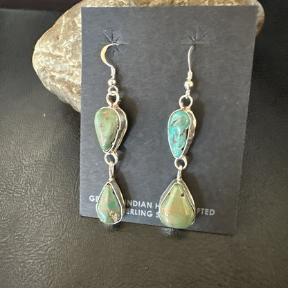 Green Royston Turquoise Navajo Sterling Silver Dangle Earrings 19416