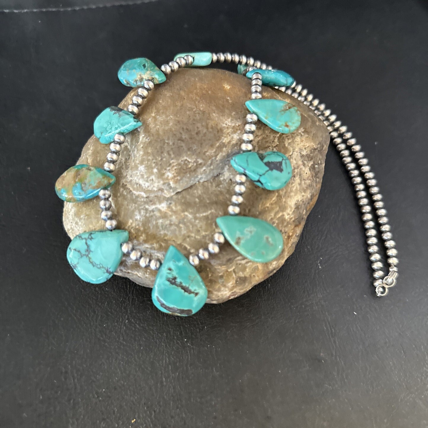 Blue Turquoise Teardrop Navajo Pearls Sterling Silver Necklace 14391