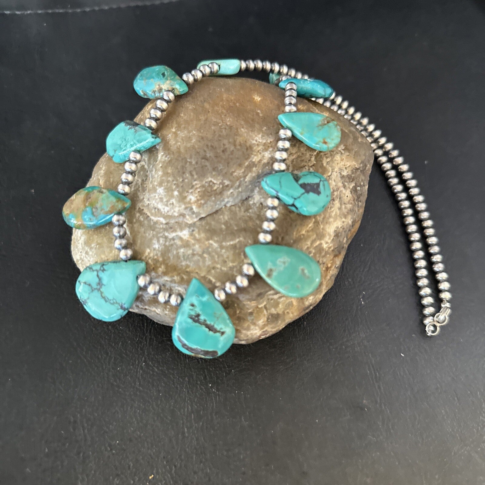 Blue Turquoise Teardrop Navajo Pearls Sterling Silver Necklace 14391