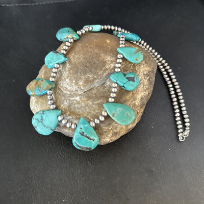 Blue Turquoise Teardrop Navajo Pearls Sterling Silver Necklace 14391
