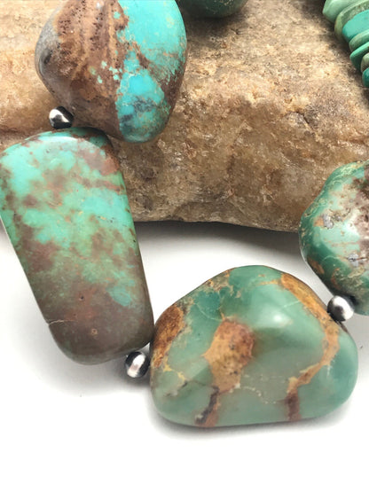 Chunky Green Nugget Turquoise Navajo Sterling Silver Necklace 23" 3216