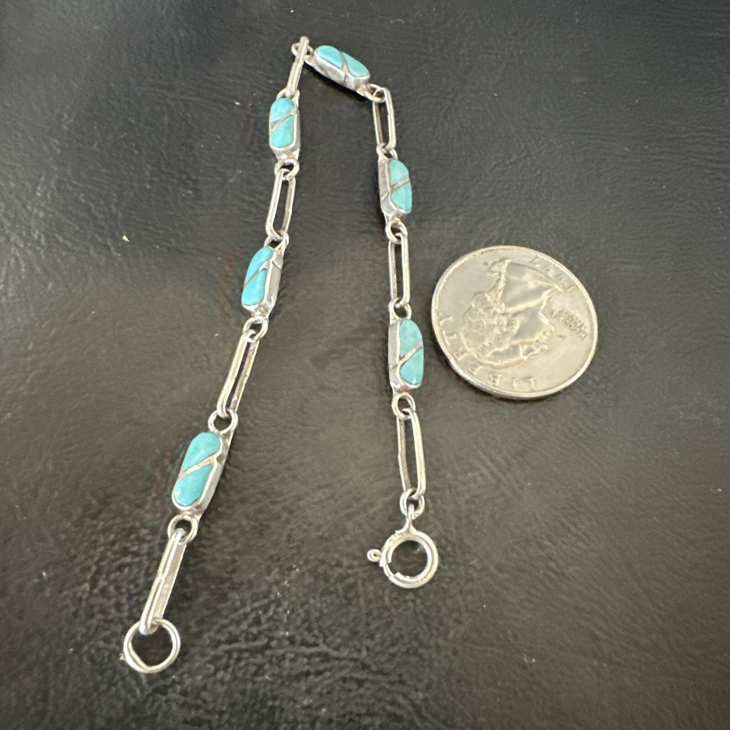 Blue Turquoise Navajo Old Pawn Sterling Silver Inlay Bracelet 7.5” 18152