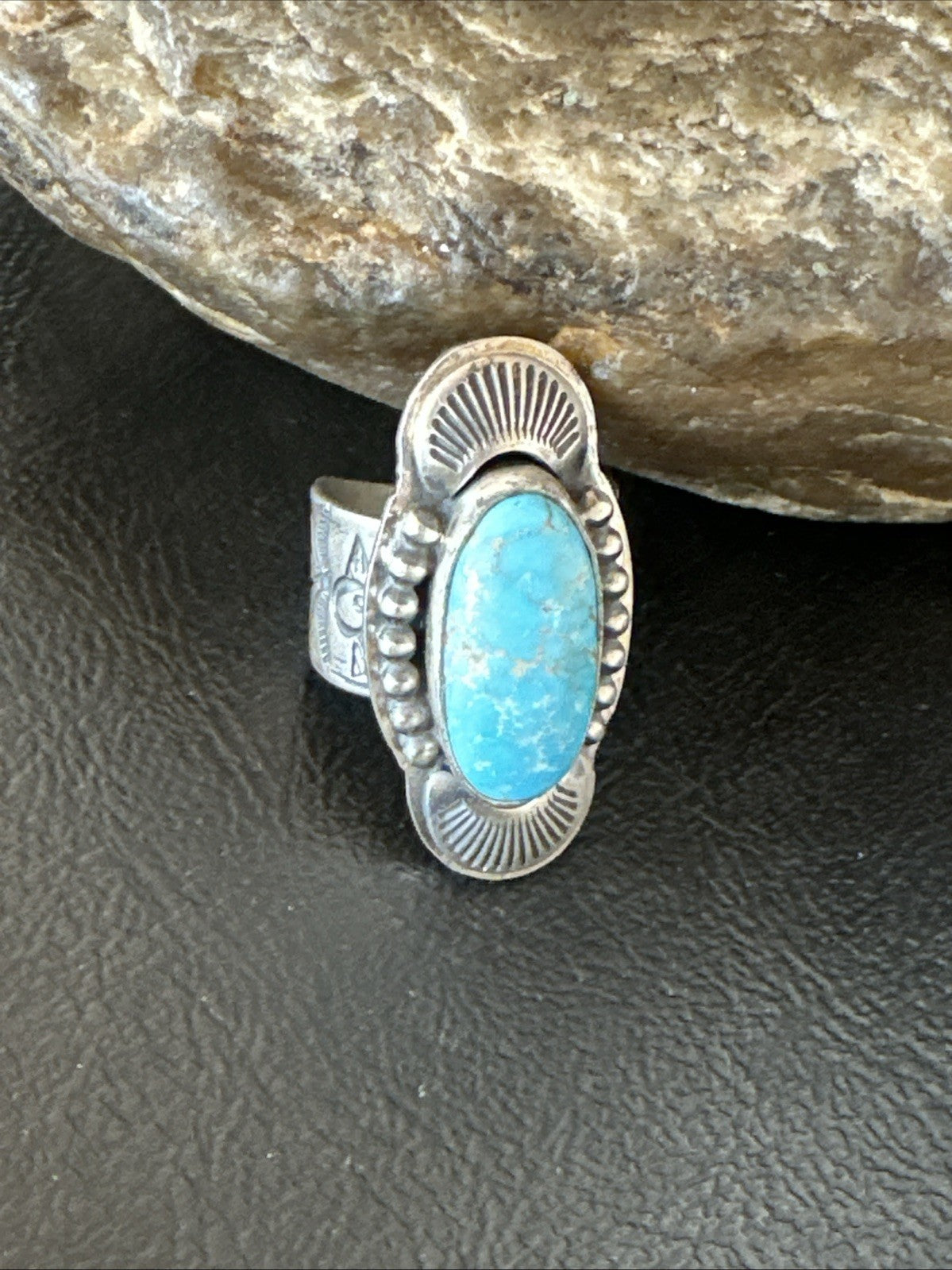 WoMens Blue Kingman Turquoise Navajo Sterling Silver Adjustable Ring Sz 8 19421