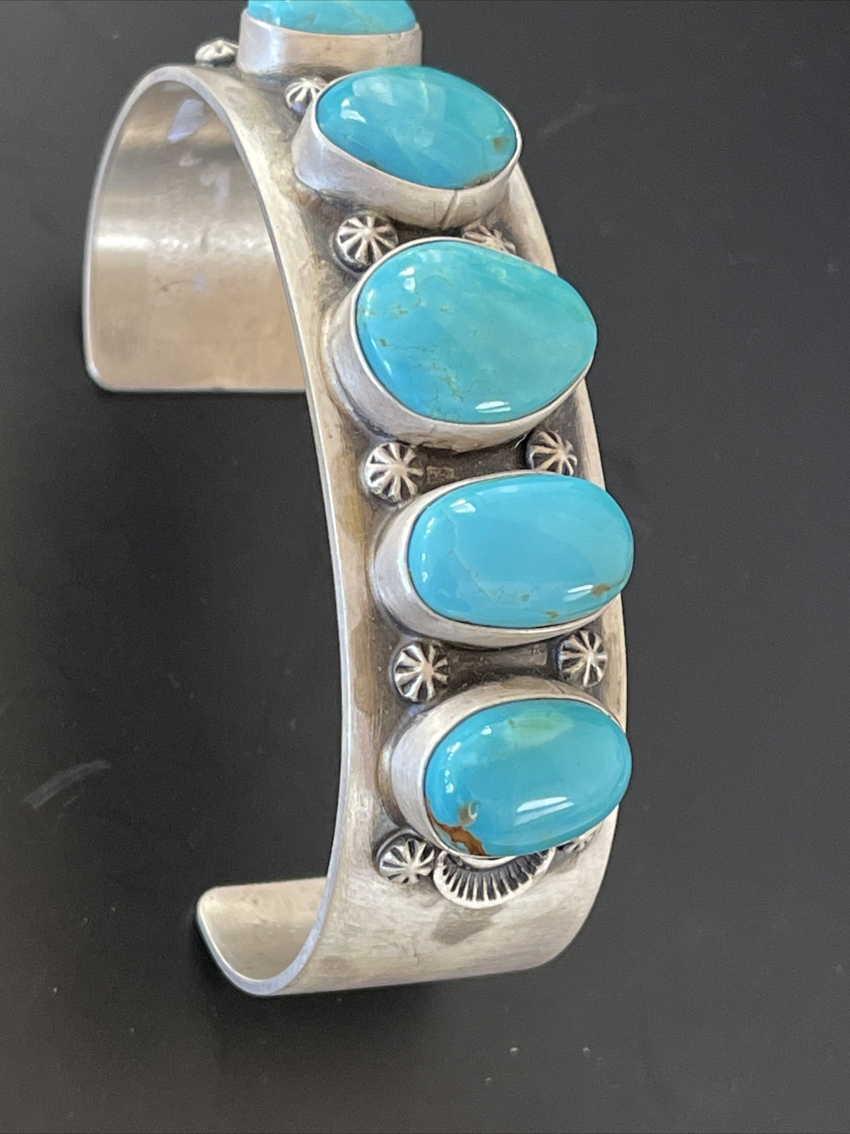 Navajo Sterling Silver Blue Kingman Turquoise Cuff Bracelet 5 Stone HJoe 02051