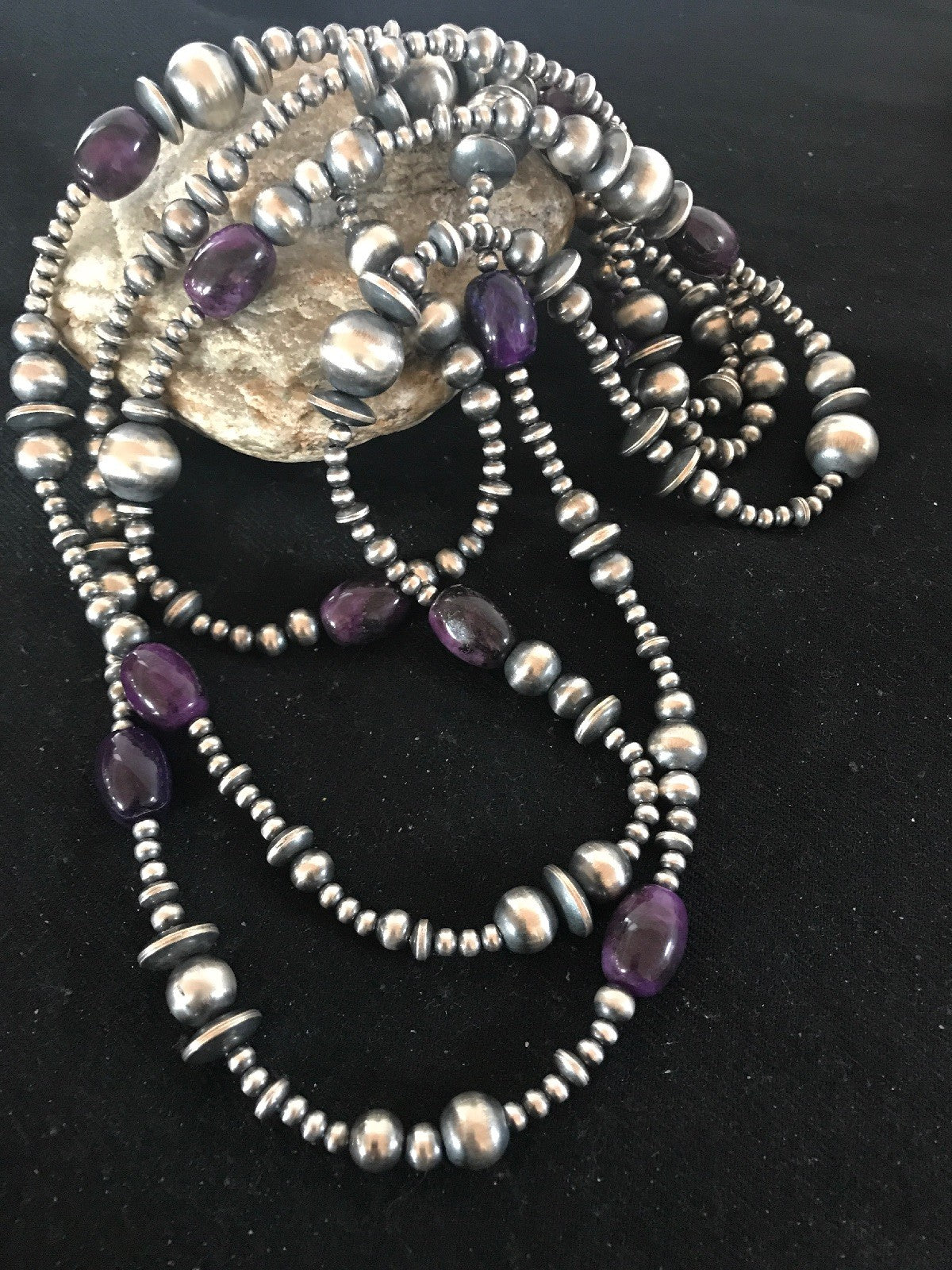 Native Long Navajo Pearls Sterling Silver Purple Stone Bead Necklace 70" 08052