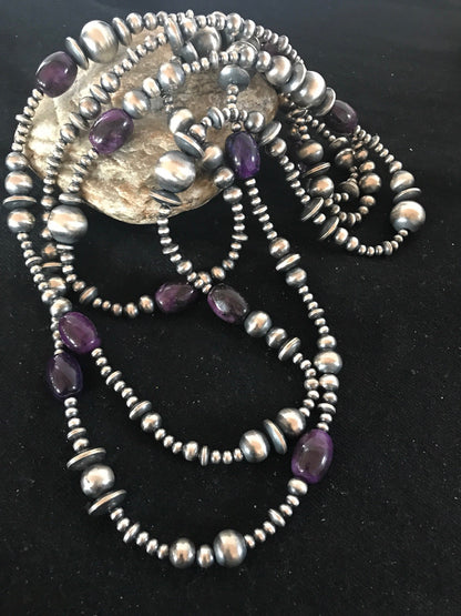 Native Long Navajo Pearls Sterling Silver Purple Stone Bead Necklace 70" 08052
