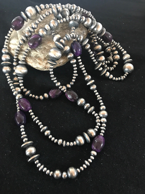 Long Navajo Pearls Purple Stone Bead Necklace 70" | Sterling Silver | Authentic Native American Handmade | 08052
