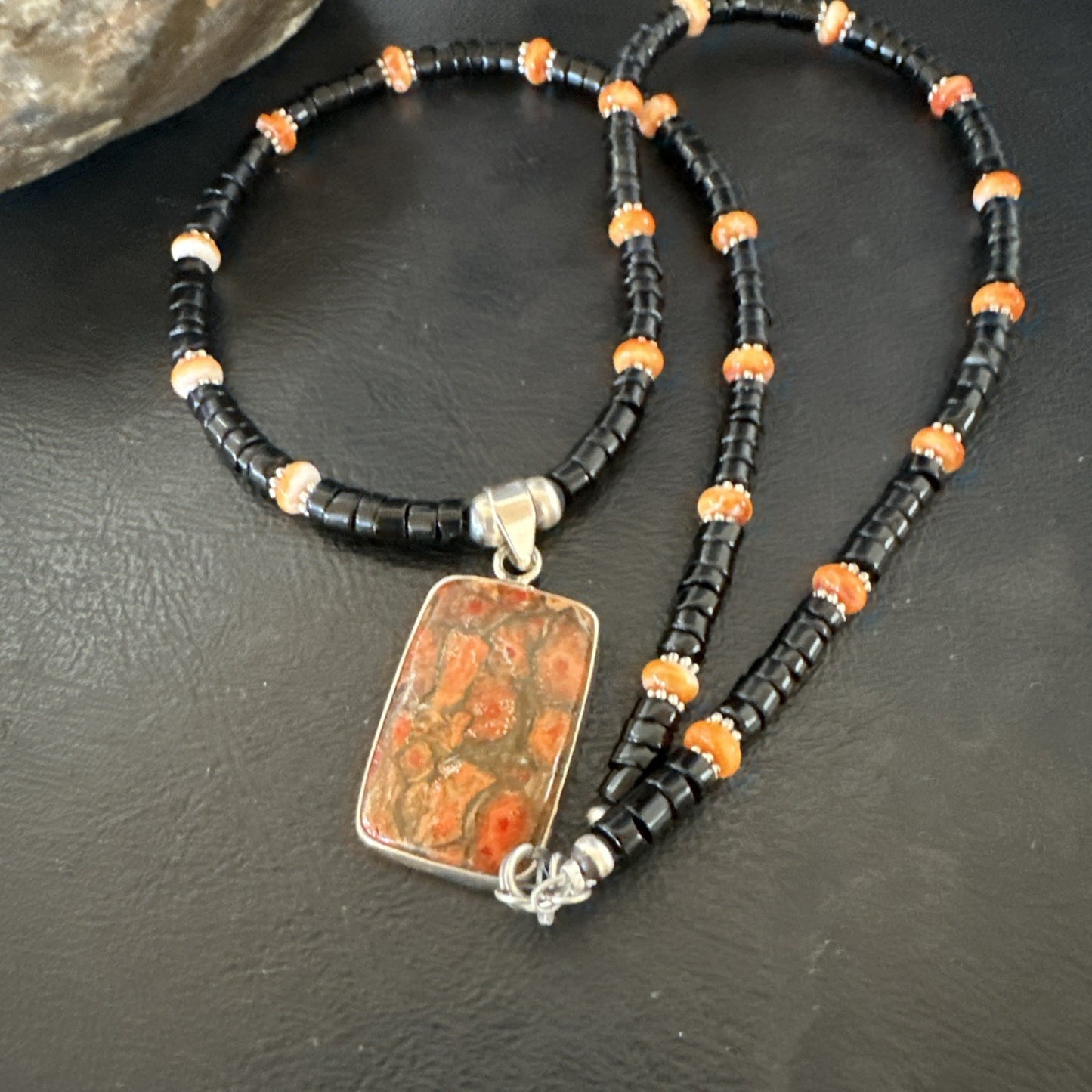 Orange Spiny Black Onyx Navajo Sterling Silver Pendant Necklace 20” 19637