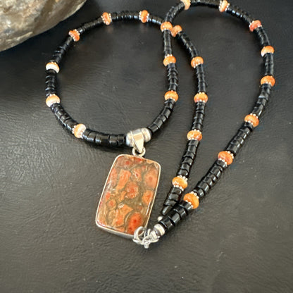 Orange Spiny Black Onyx Navajo Sterling Silver Pendant Necklace 20” 19637