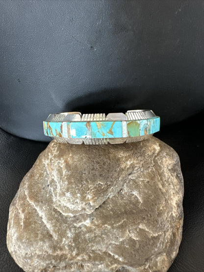 Blue Turquoise Opal Navajo Sterling Silver Cuff Inlay Bracelet 17958