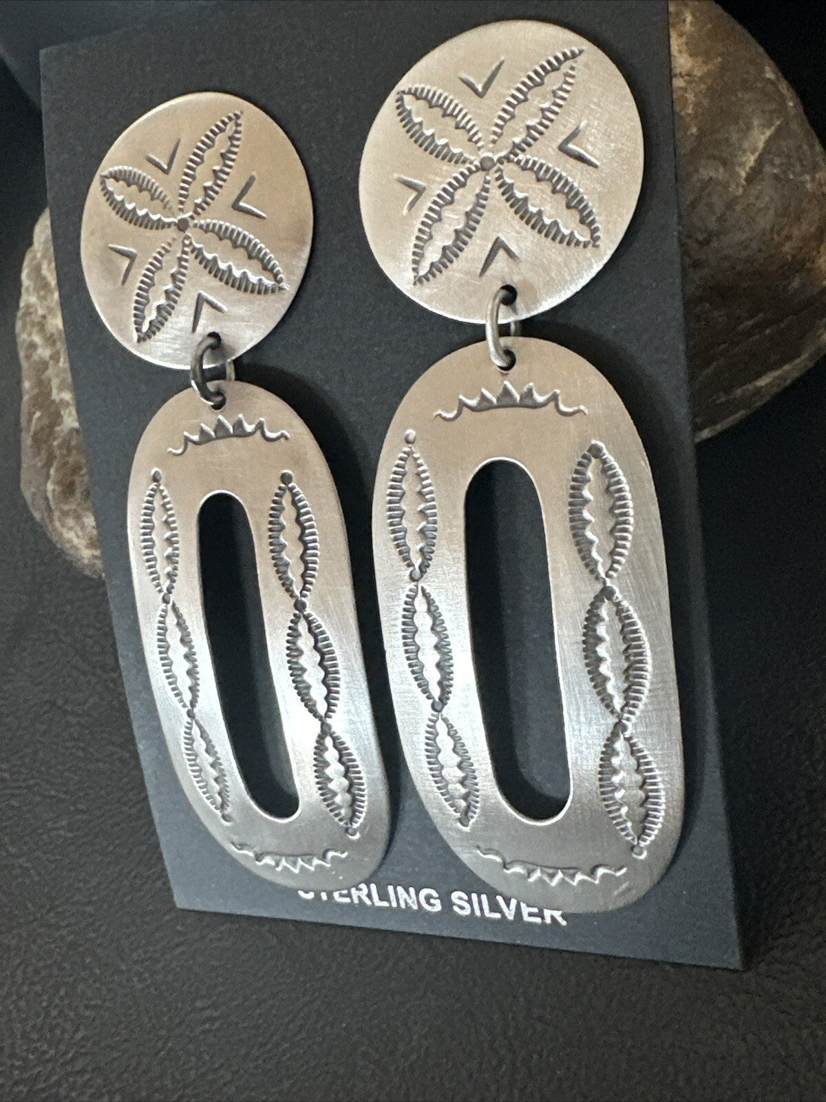Popular Navajo Stamped Sterling Silver Stamped Handmade Earrings 2.75" 17857