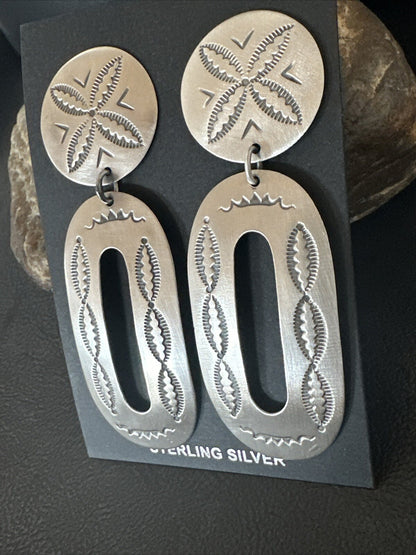 Popular Navajo Stamped Sterling Silver Stamped Handmade Earrings 2.75" 17857