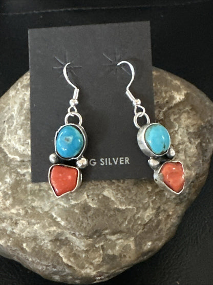 Blue Turquoise Red Coral Sterling Silver Navajo Dangle Earrings 18843